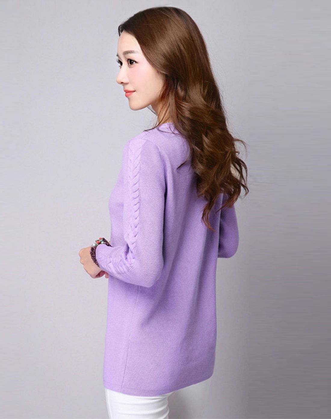 女香芋紫色纯色v领针织套头衫