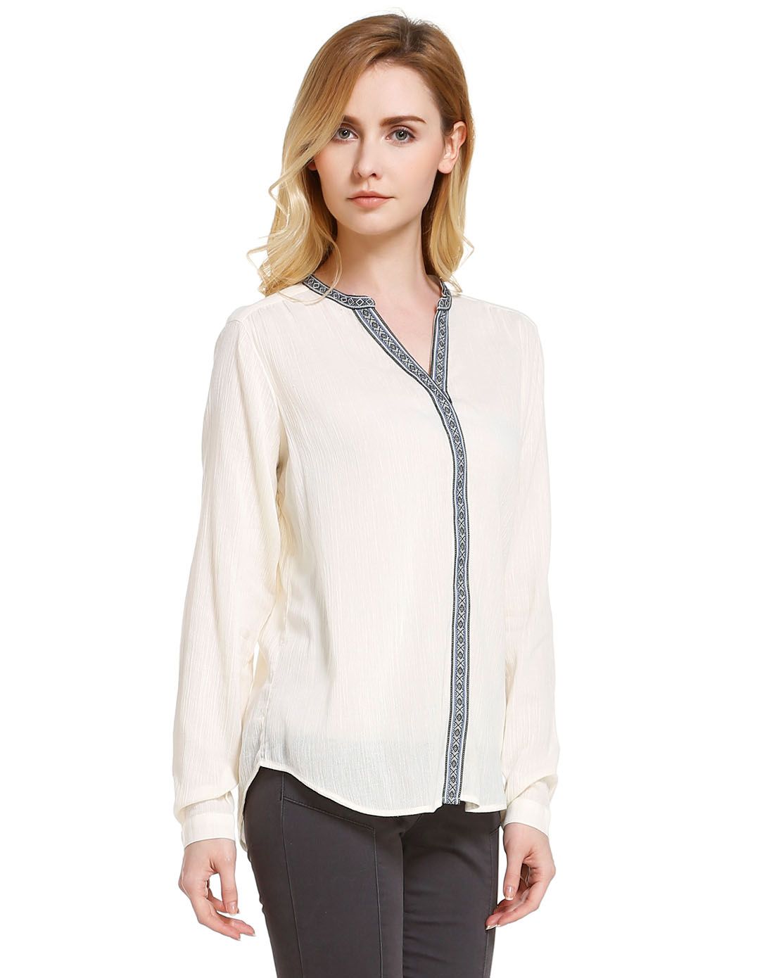 edc女款浅米色舒适休闲简洁长袖衬衫