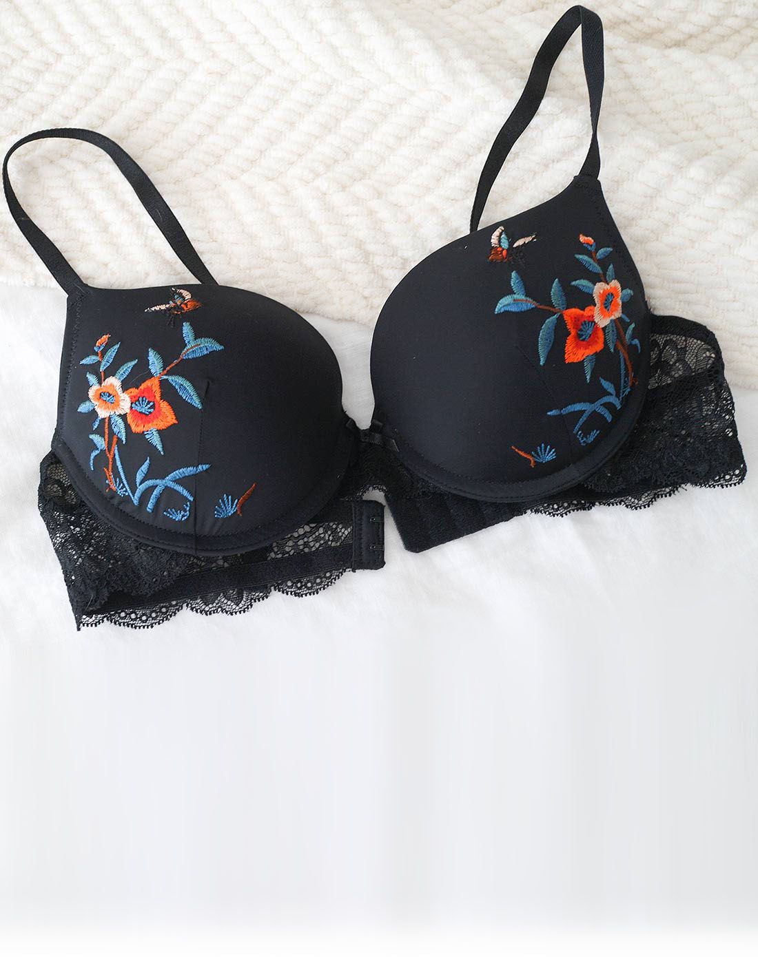 裂帛bra 黑色内衣聚拢款蕾丝性感刺绣花朵调整文胸