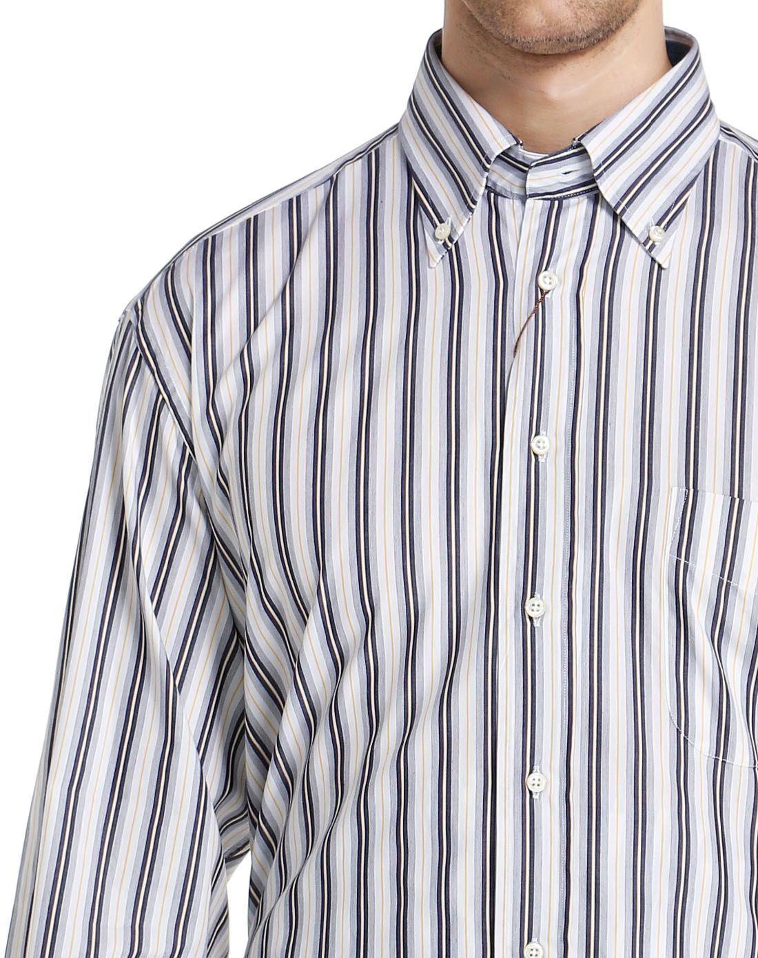 深绿/黄色条纹休闲长袖衬衫