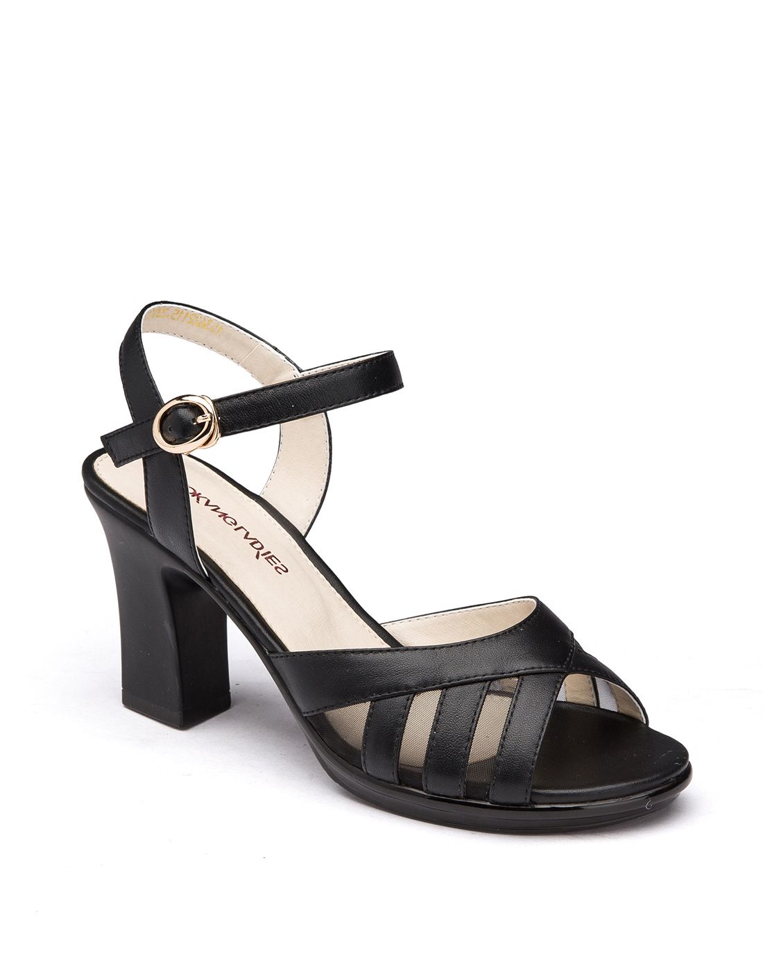 奥康女款黑色鱼嘴网纱舒适粗跟甜美女凉鞋