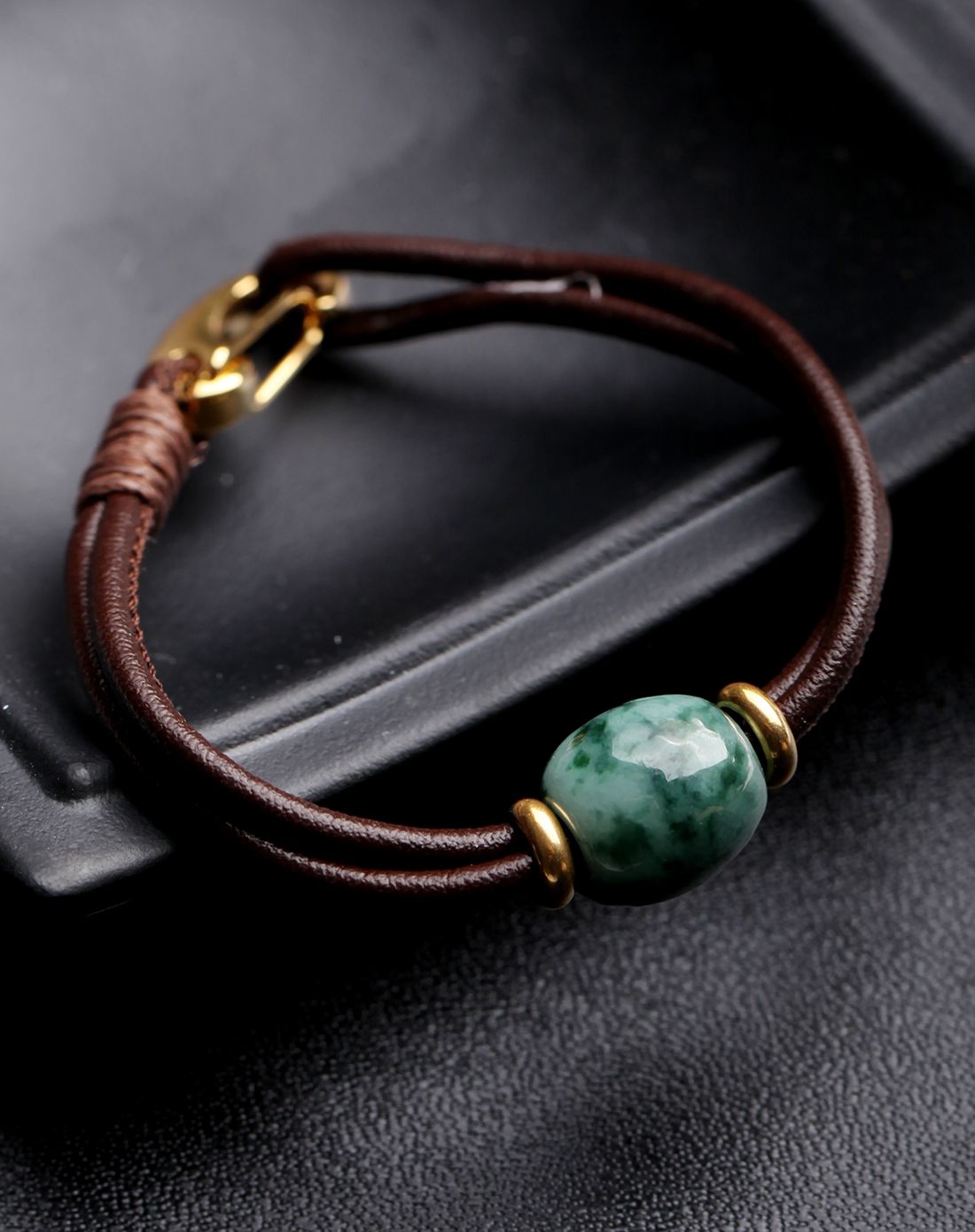 冰糯飘花天然a货翡翠路路通皮绳手链