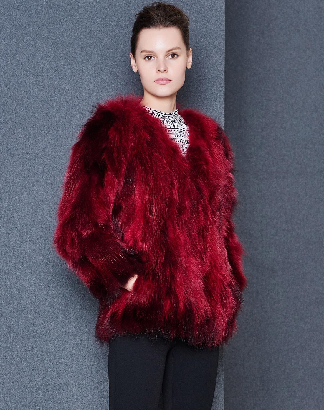 酒红色貉子毛皮草外套