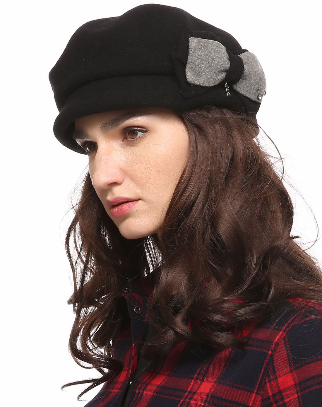 全羊毛黑色色蝴蝶结时尚软帽