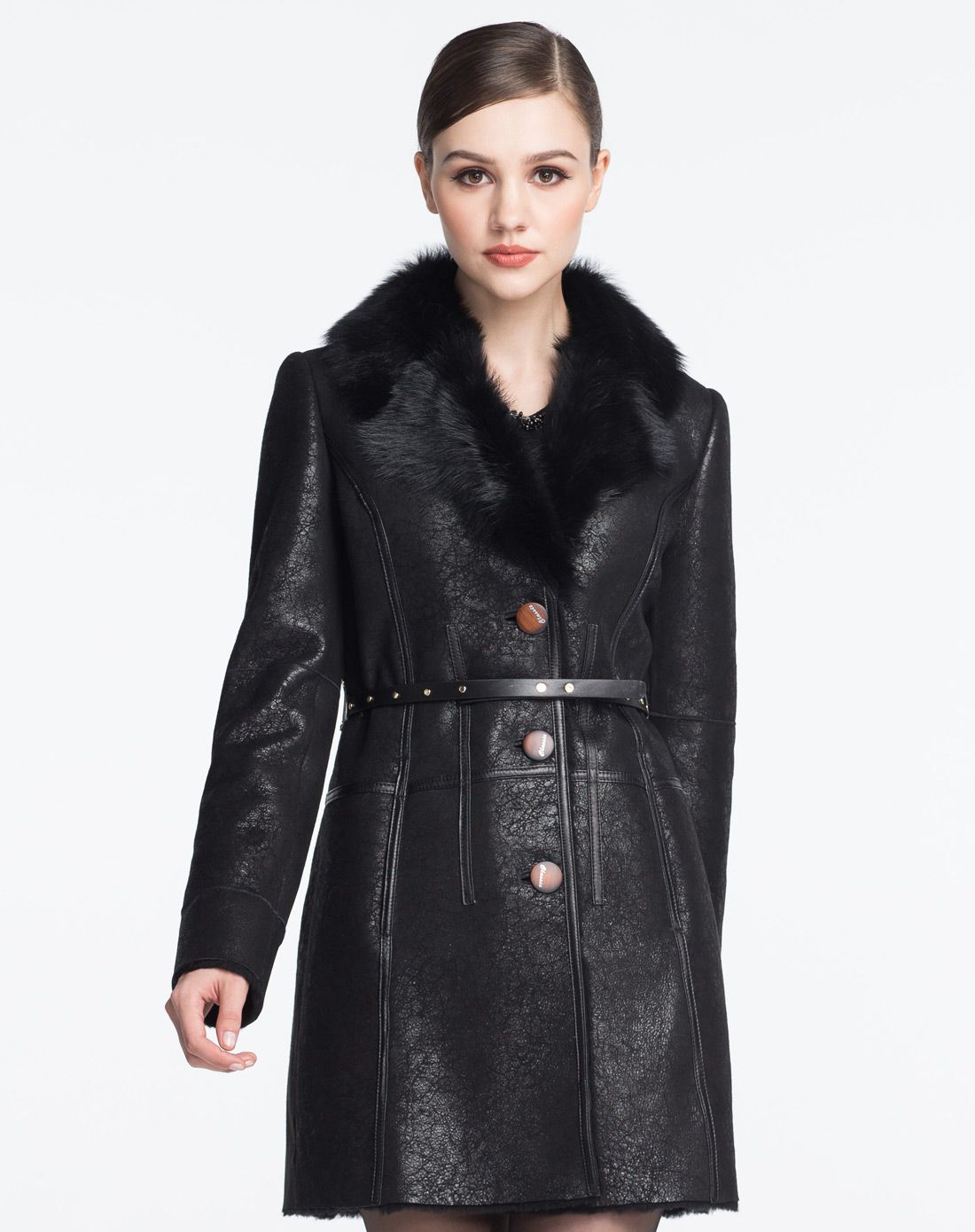 女黑色翻领暗纹大牌经典时尚羊皮毛一体皮褛