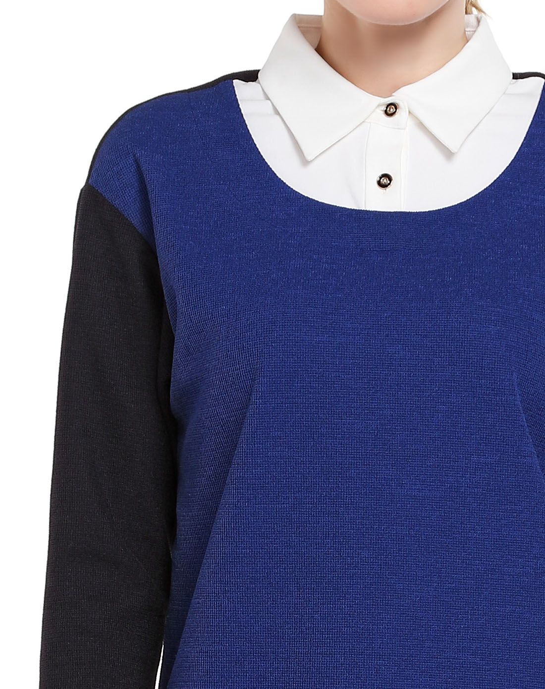 深蓝/藏蓝色翻领拼接假两件长袖上衣