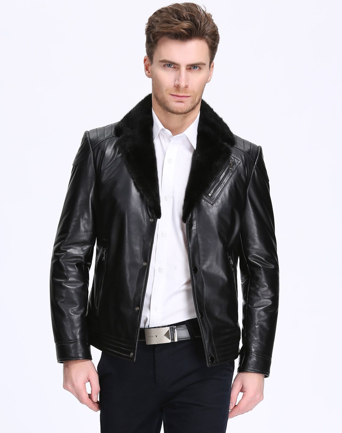 男款黑色绵羊皮配水貂毛领西装款外套