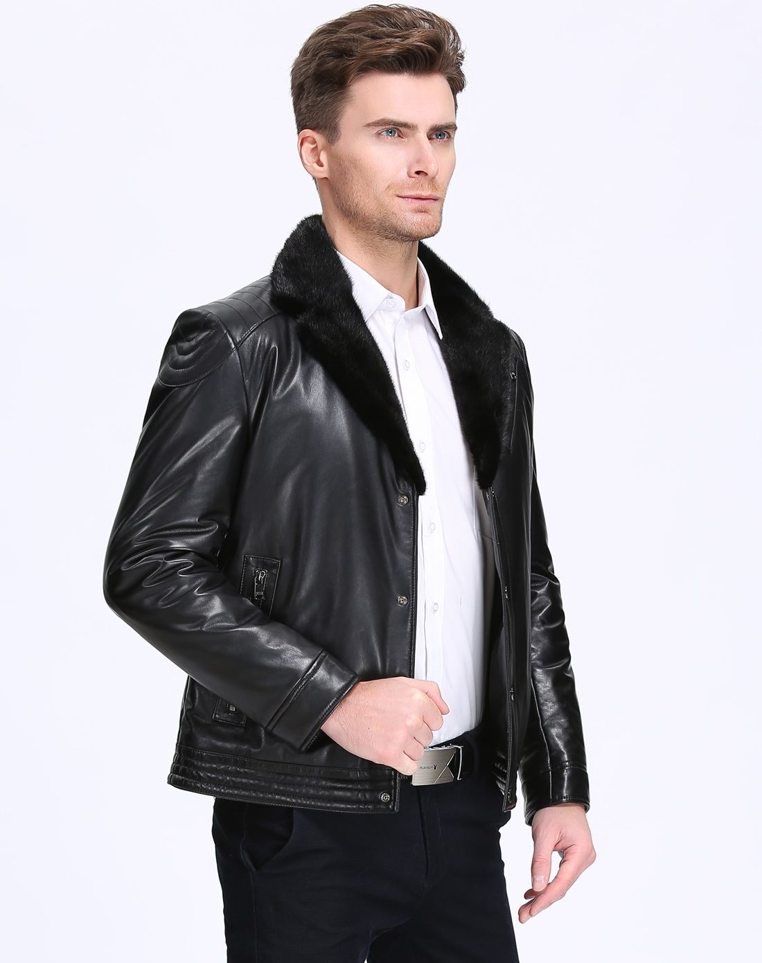 男款黑色绵羊皮配水貂毛领西装款外套