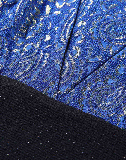 蓝色复古印花拼接高贵气质连衣裙