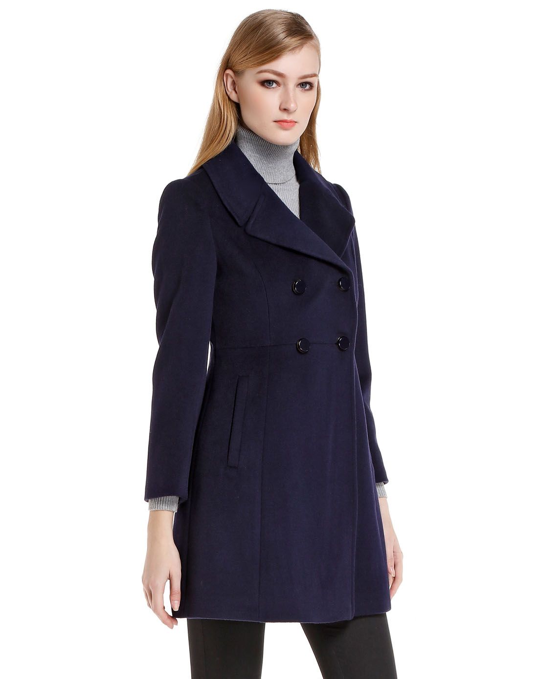 斯尔丽藏青色优雅气质中长款长袖大衣