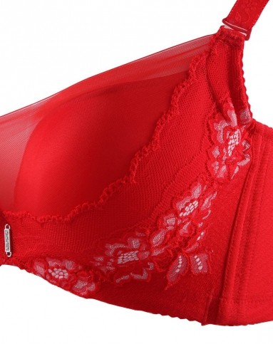 大红优雅牡丹花气质网纱3/4杯加厚文胸