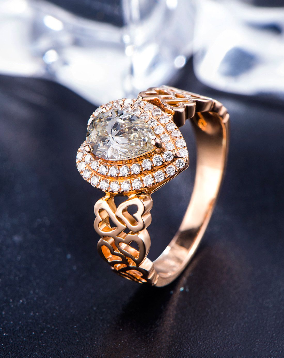 zlf 1.28克拉玫瑰金18k金豪华群镶钻石戒指