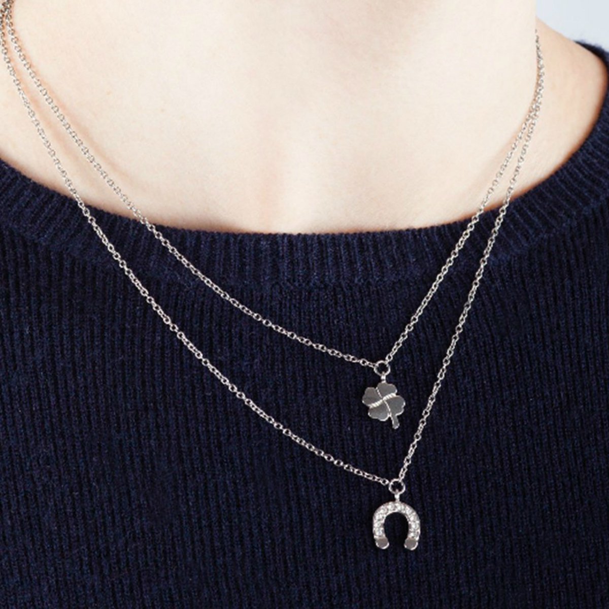 enjoy 欢愉系列幸运四叶草马蹄铁双层项链