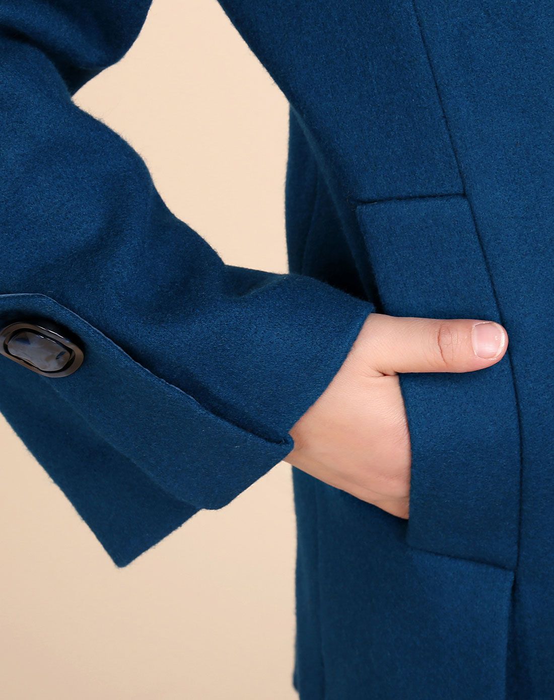 女款哈青色简约素板大毛领中长款呢子外套