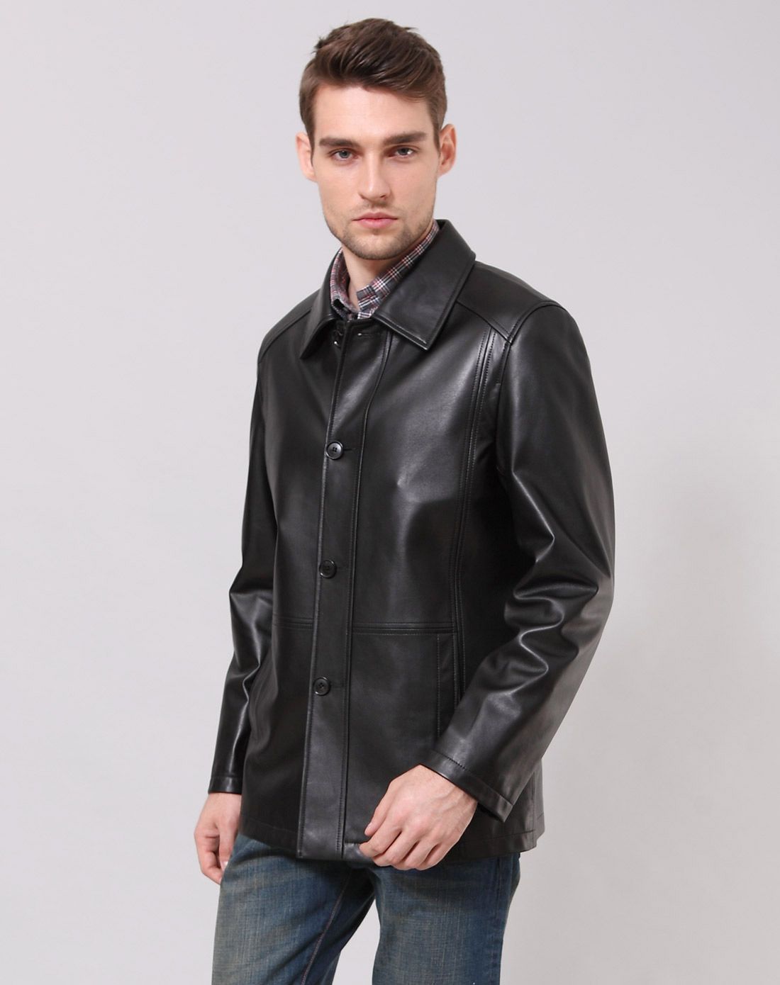 男黑色翻领商务休闲中长款绵羊皮外套