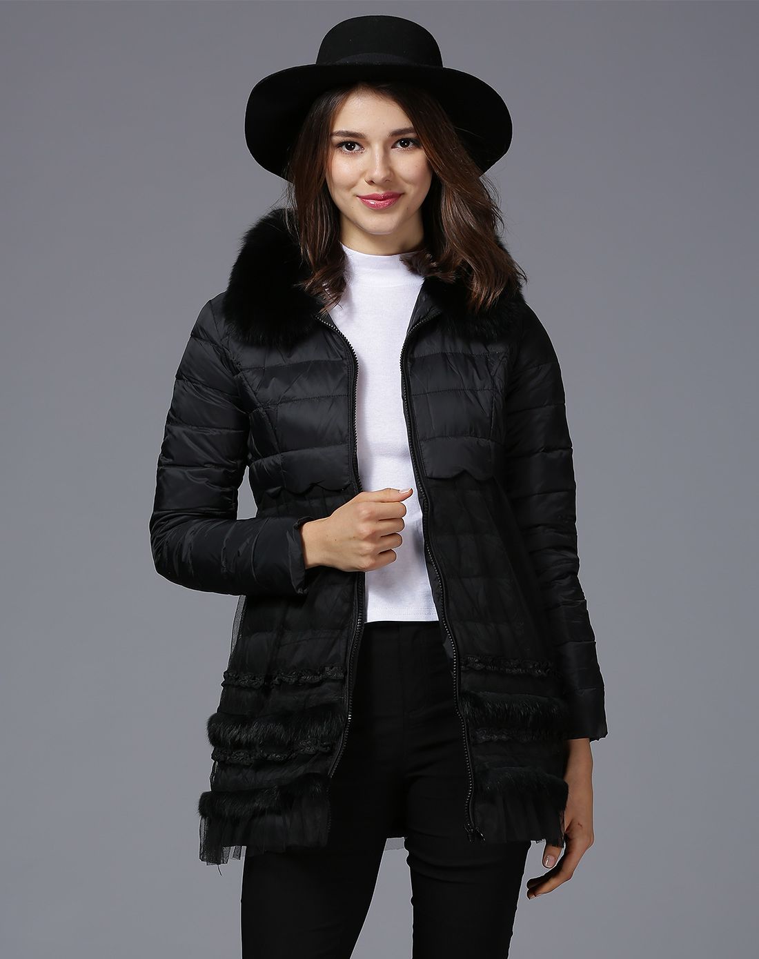 女装专场 黑色獭兔毛领拼接羽纱双层加厚宽松羽绒服