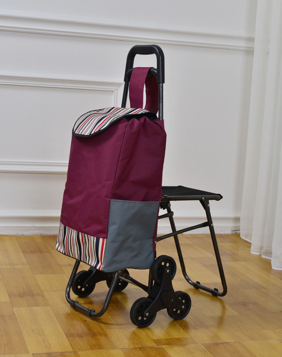 6轮购物车带凳子爬楼梯便捷 红条纹