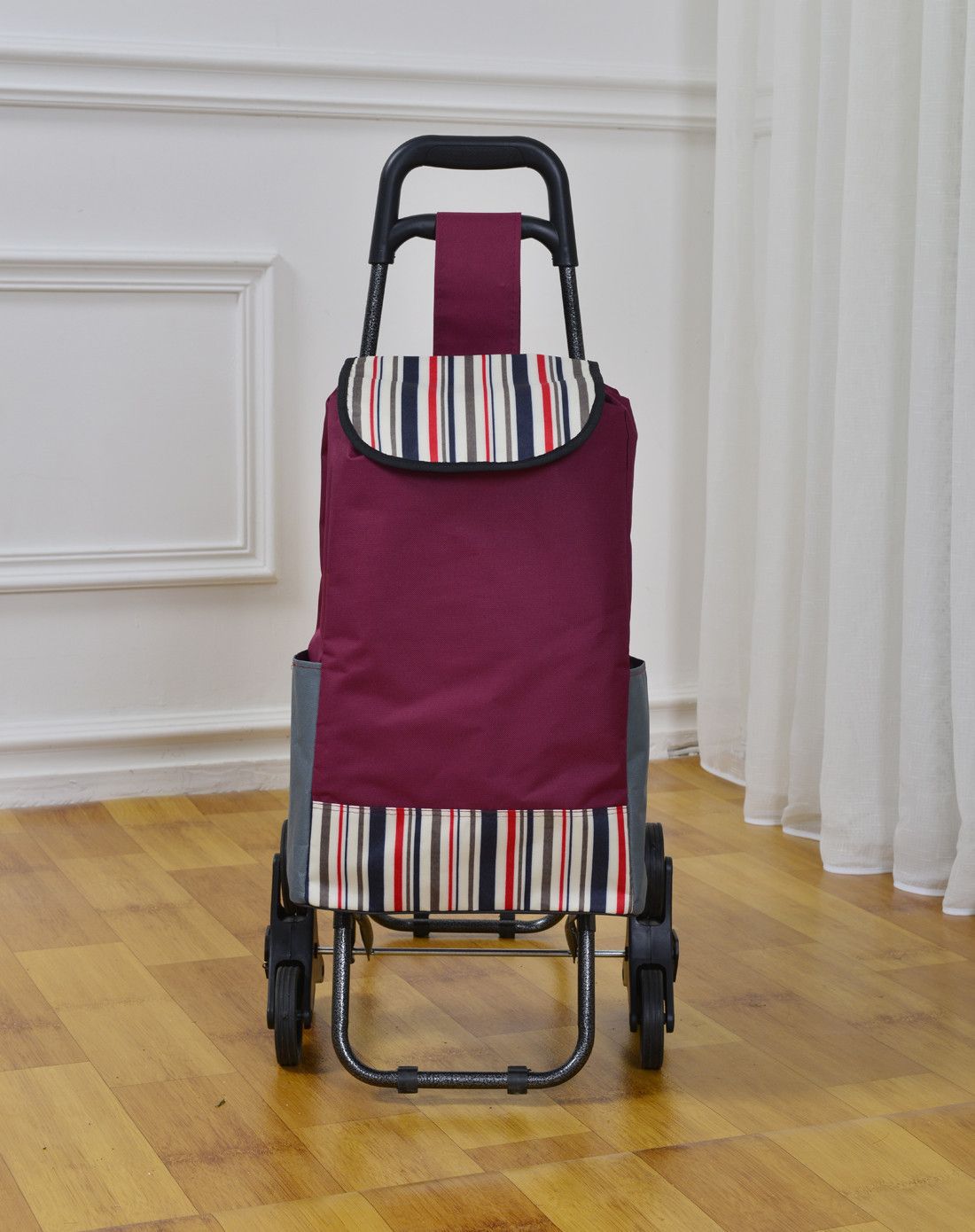 6轮购物车带凳子爬楼梯便捷 红条纹