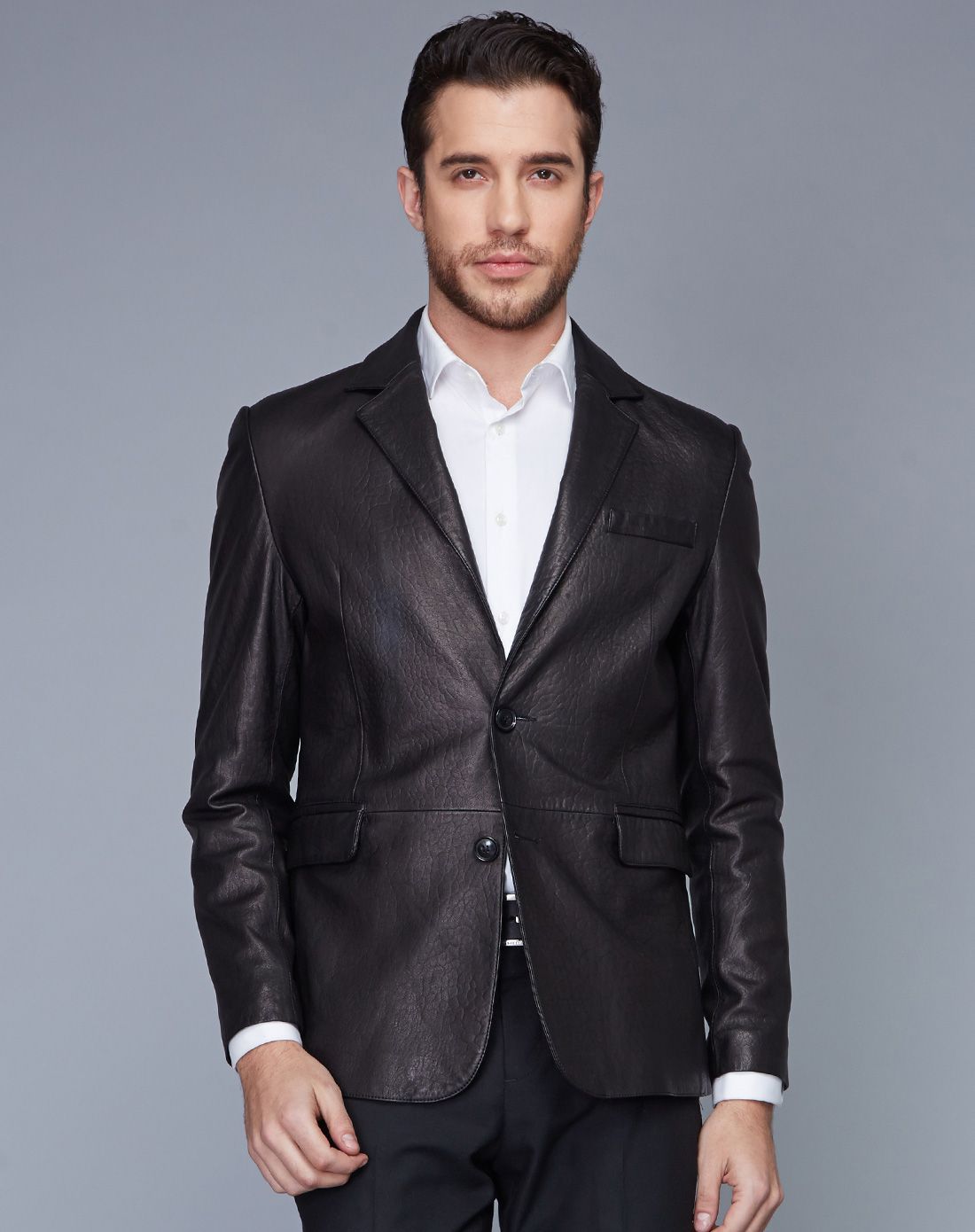 男款黑色羊皮短款西装外套