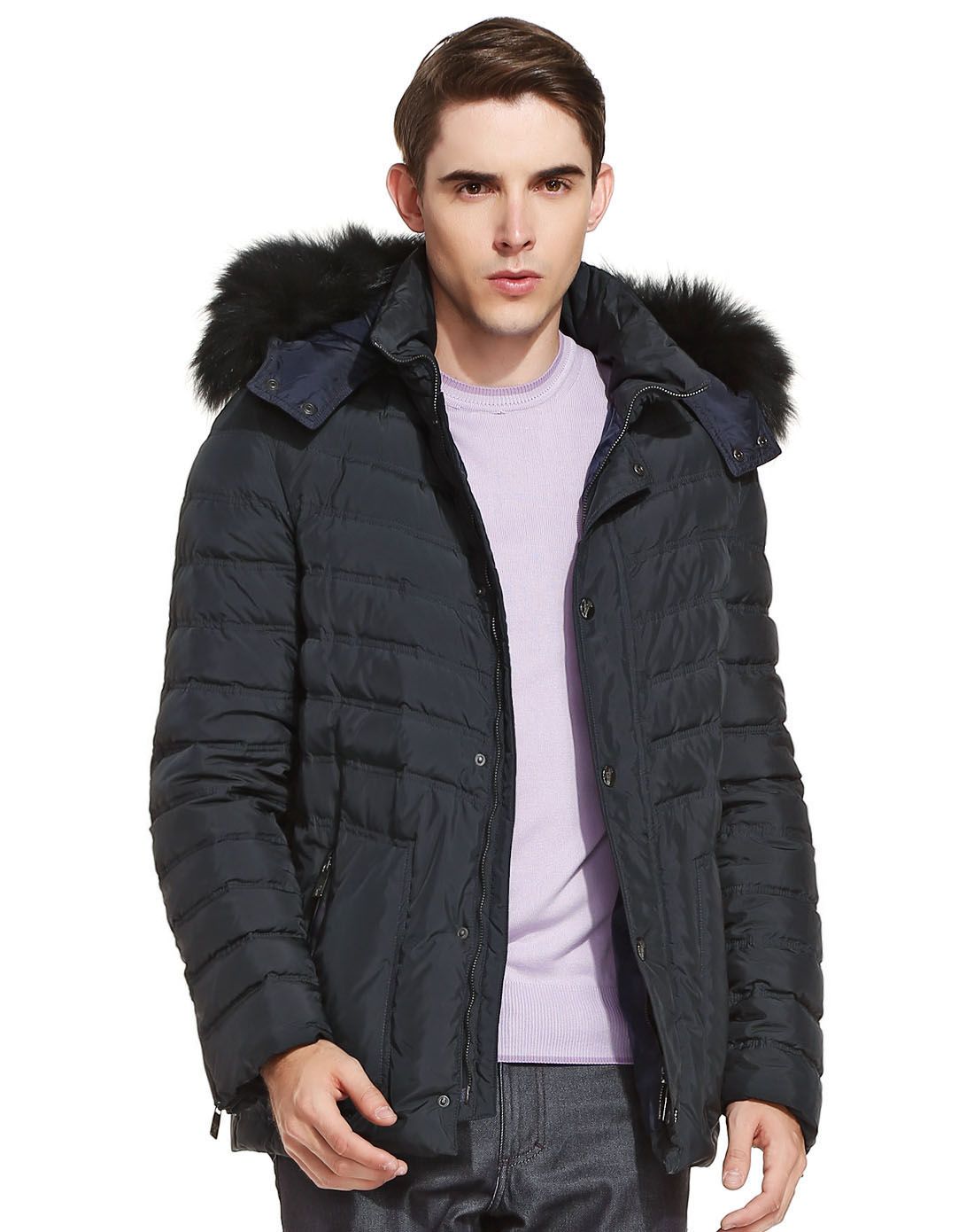 versace collection男装专场 藏青色大气连帽长袖羽绒服