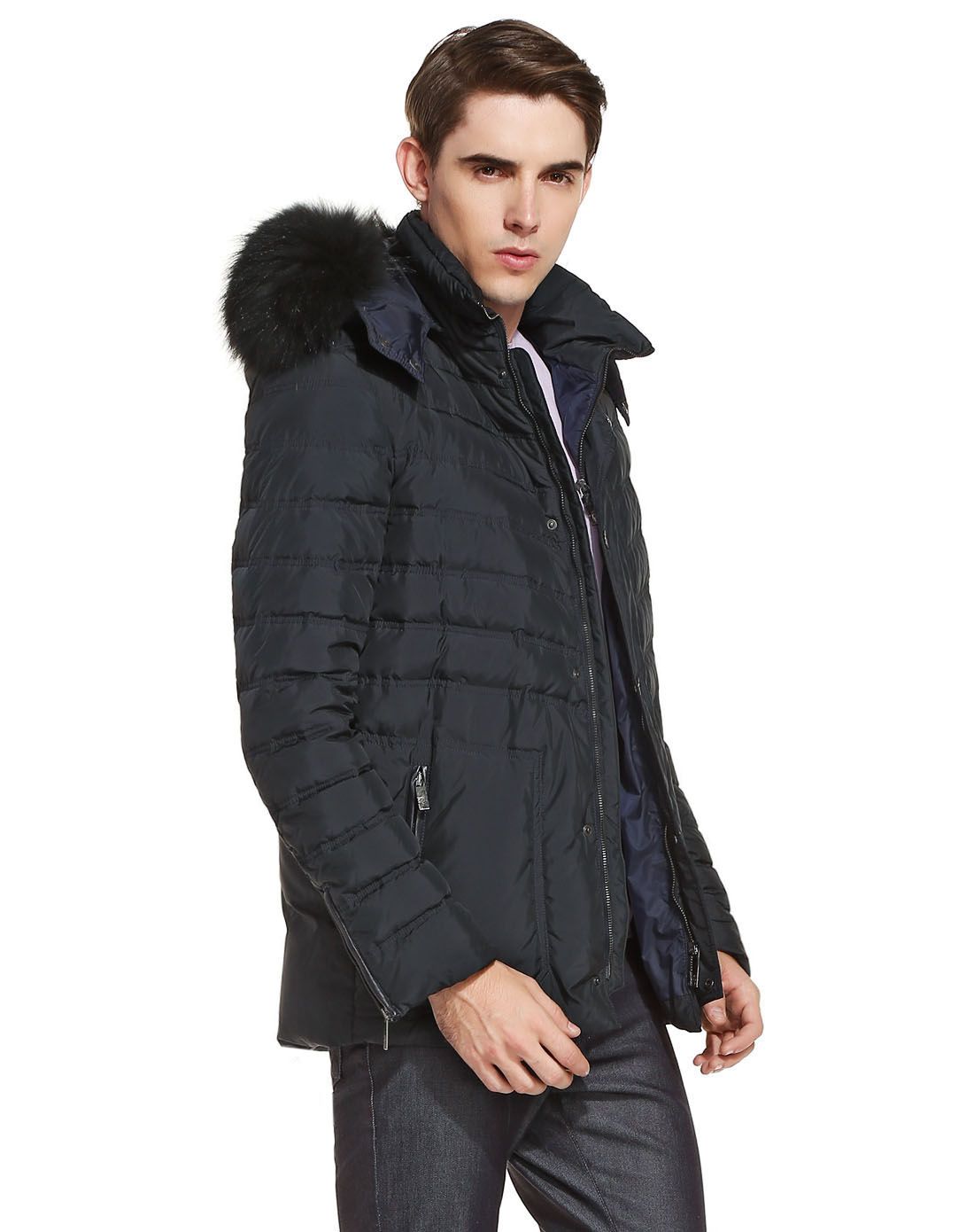 versace collection男装专场 藏青色大气连帽长袖羽绒服