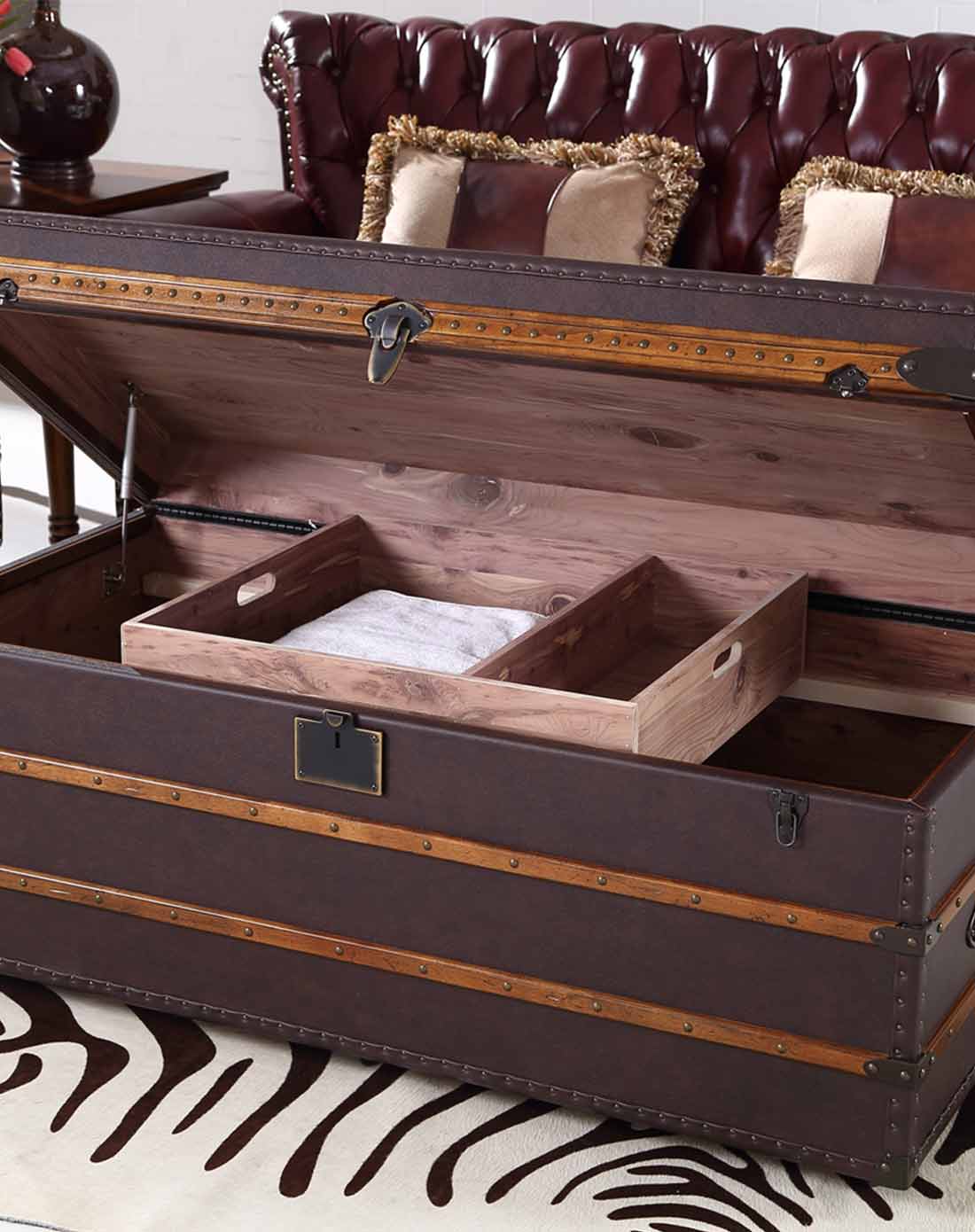 优梵艺术uvan art家具专场boston波士顿进口香杉内饰皮箱茶几wm2004