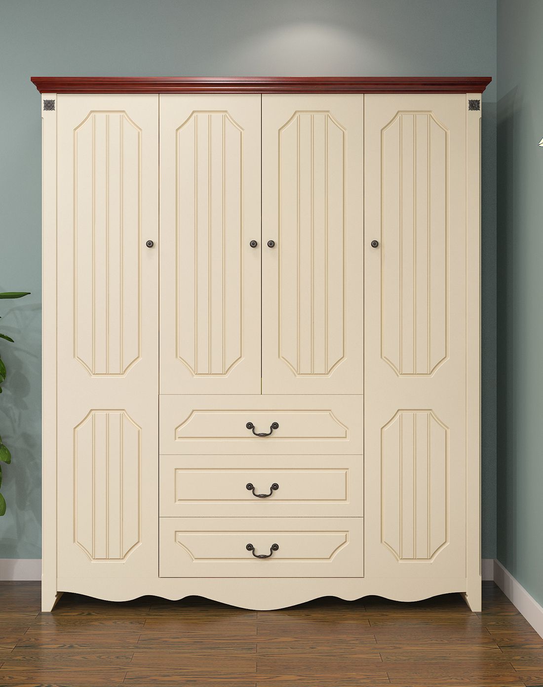 大容量四门储物衣柜带抽屉