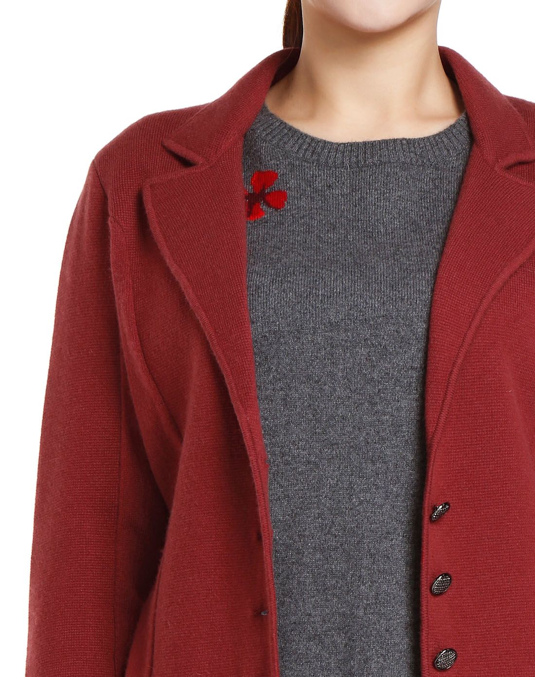 女款铁锈红色成熟魅力开襟长袖羊毛衫