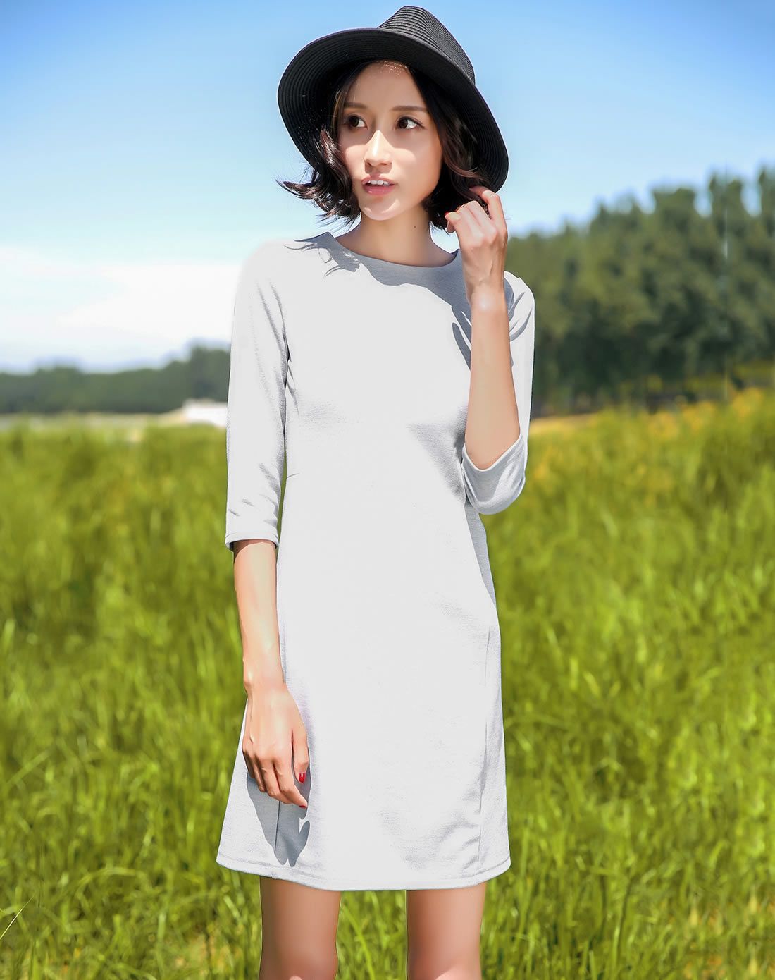 裂帛&莲灿女装(作废)裂帛 灰色简约风纯色圆领中袖连衣裙针织裙