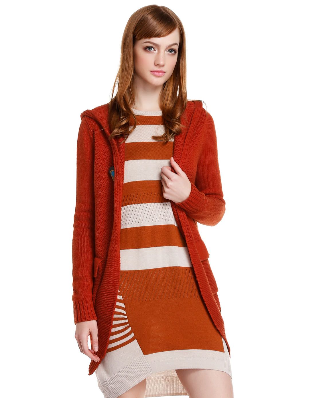 深橙红色时髦醒目长袖开襟针织衫