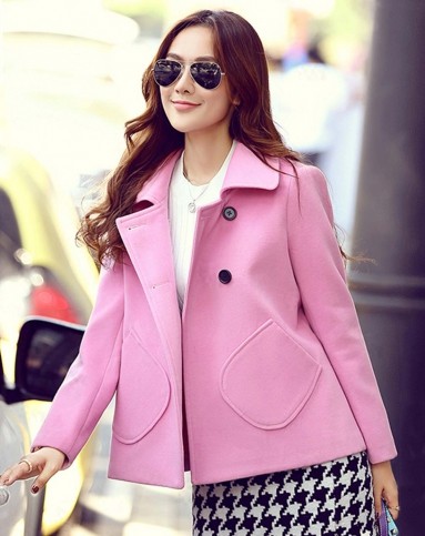 女玫粉色甜美a字版短款呢子大衣