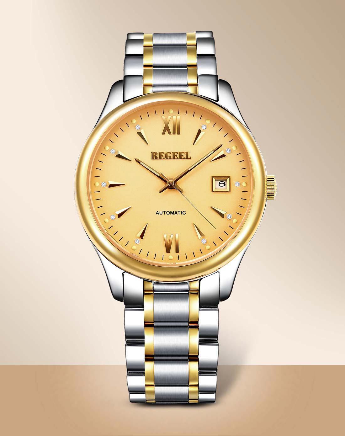 宾爵begeel 10颗真钻镀金机械防水日历情侣对表男表