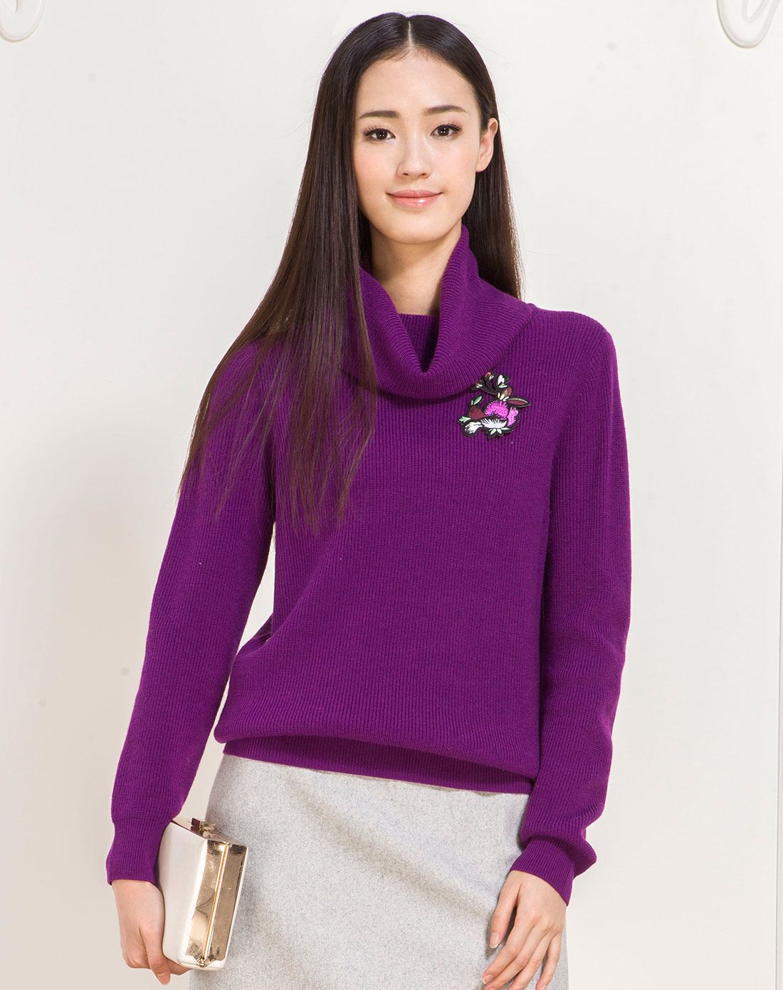罗兰紫高领套头打底毛衣