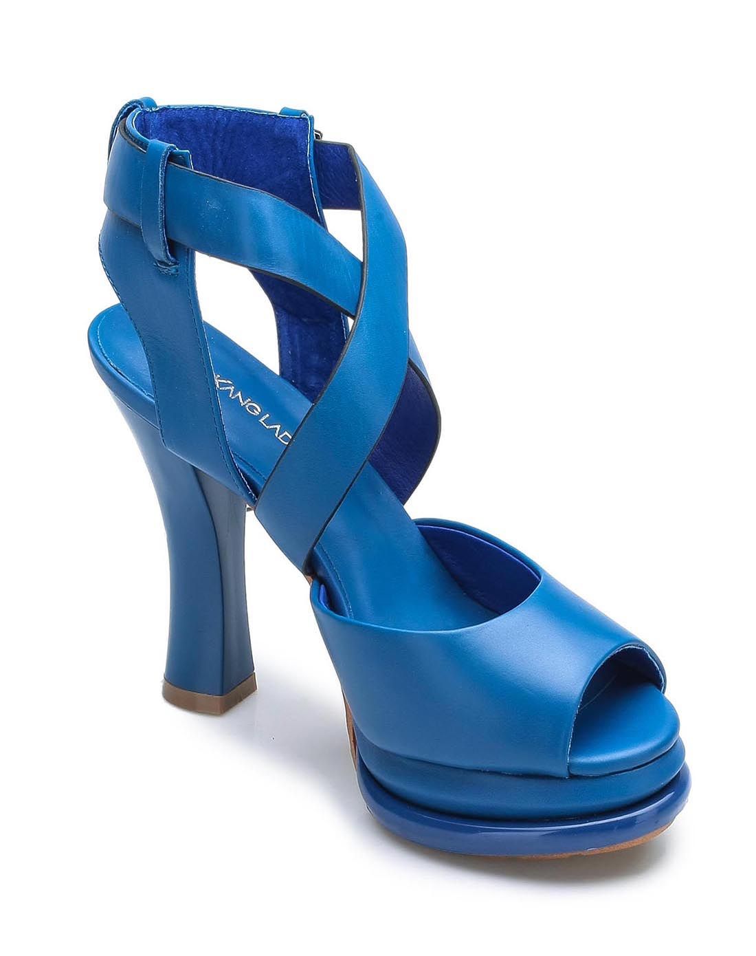 奥康女款蓝色鱼嘴超高跟交叉绑带舒适女凉鞋