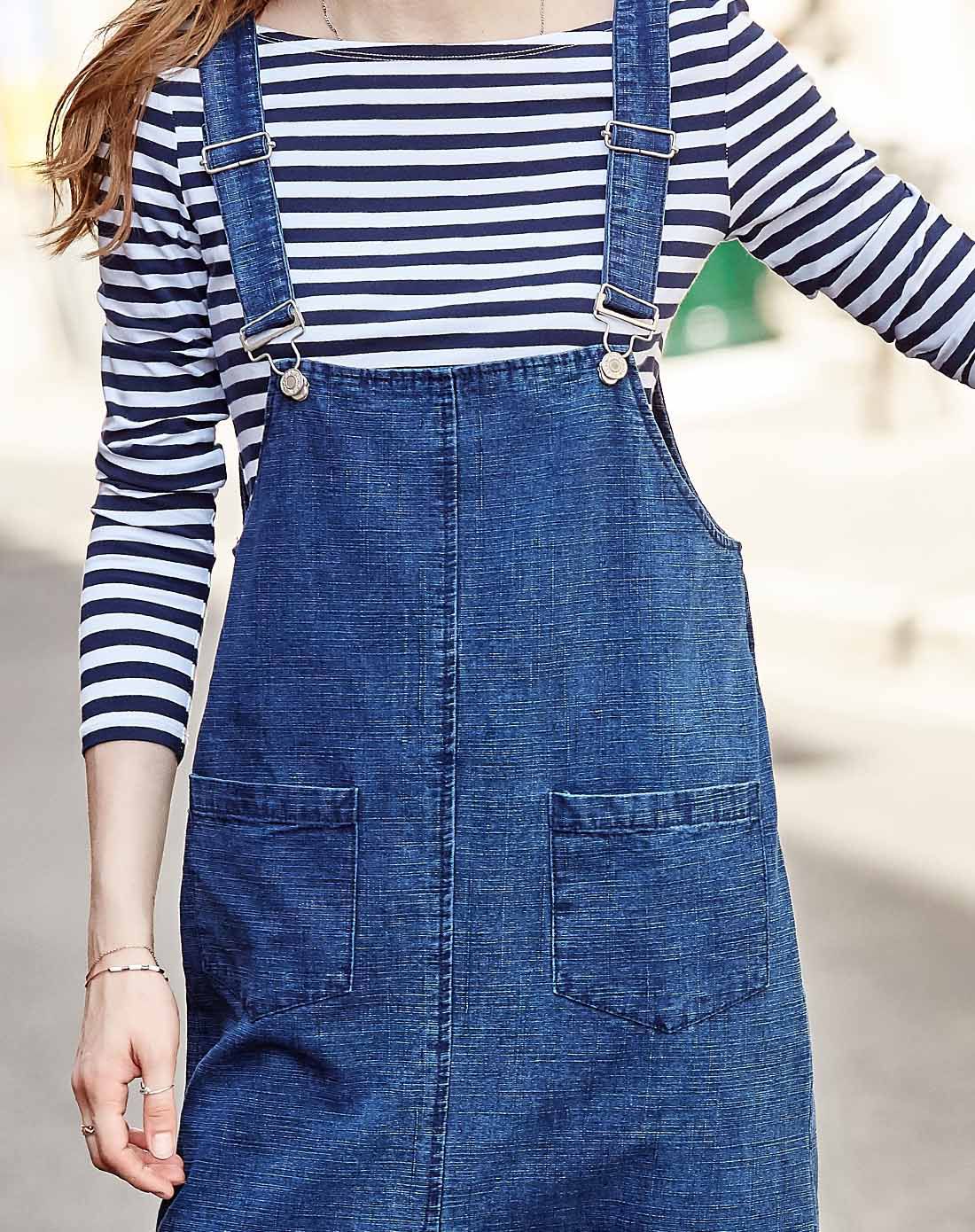 深蓝色简约时尚牛仔背带裙