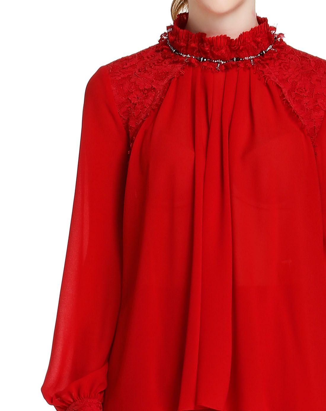 红色气质雪纺蕾丝纯手工缝饰上衣