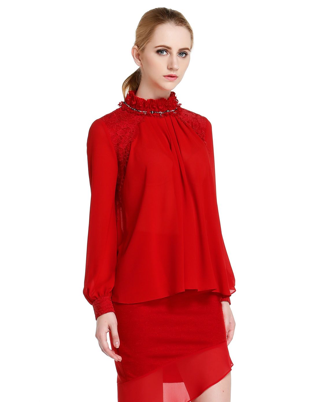 红色气质雪纺蕾丝纯手工缝饰上衣