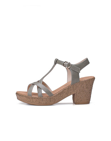 女款灰绿色优雅粗跟复古凉鞋