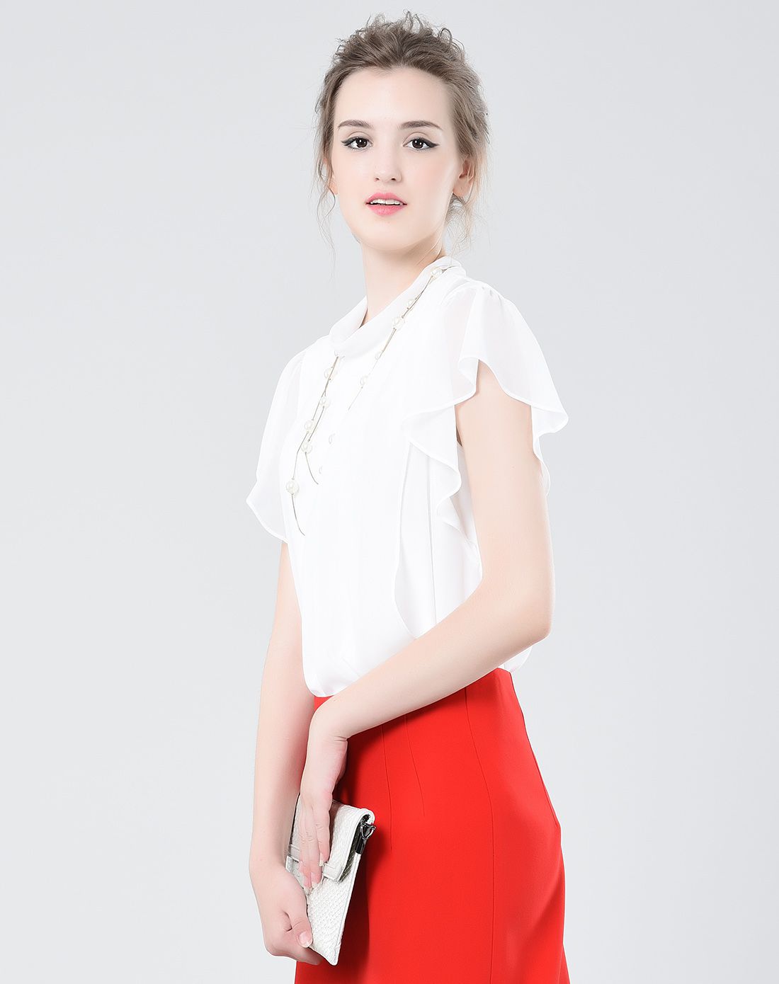 主格exczeololzent白色雪纺立领小波浪袖衬衫b633261910_唯品会