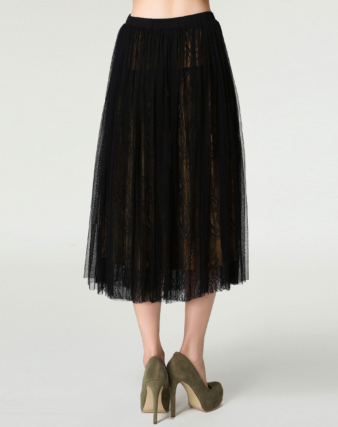 黑色蕾丝松紧腰淑女半裙