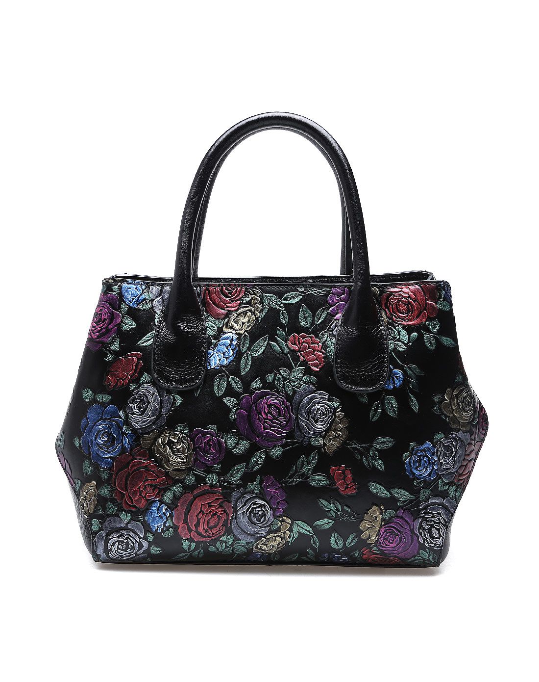 黑色压玫瑰花纹进口牛皮气质手提包