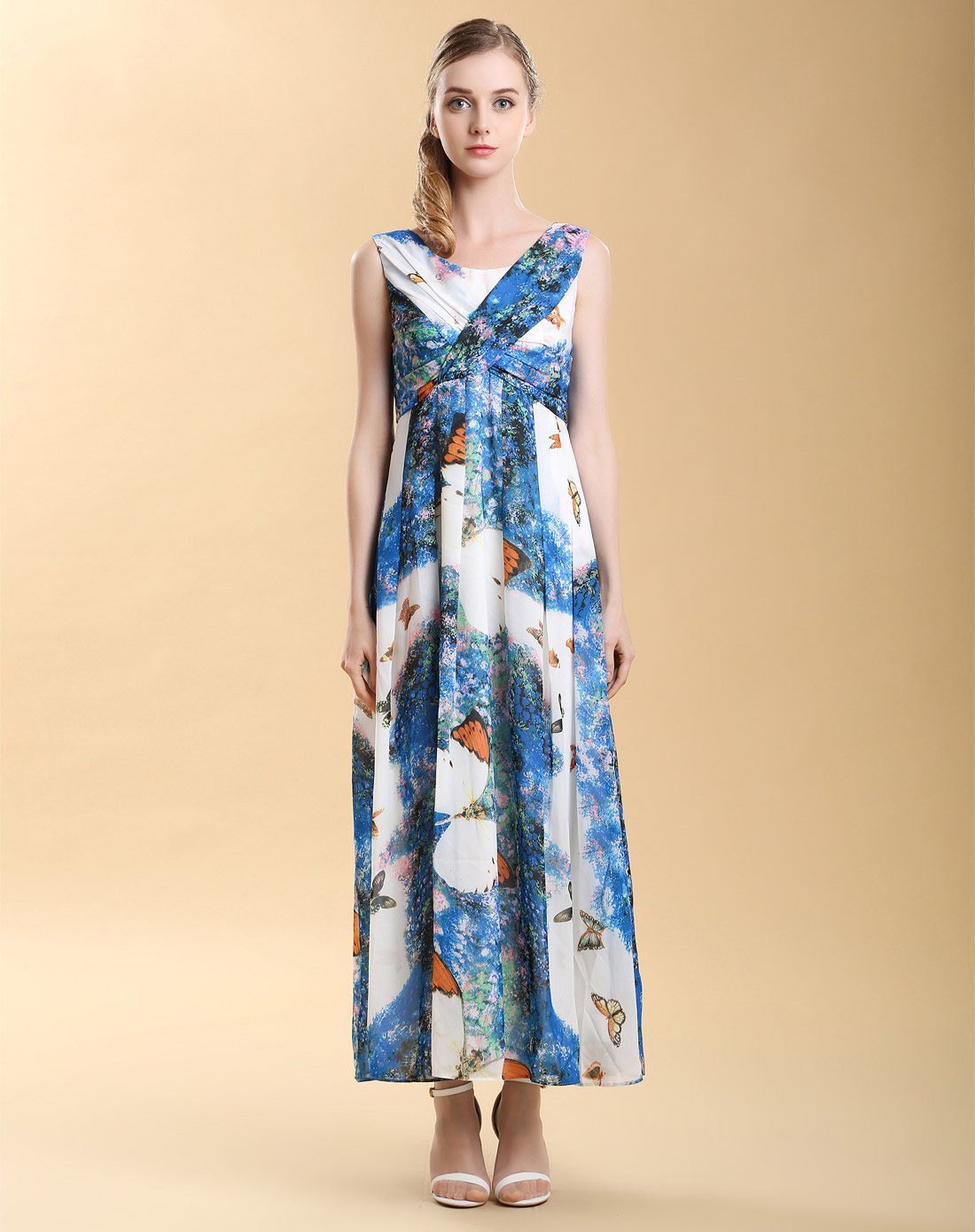 蓝/多色气质修身印花连衣长裙