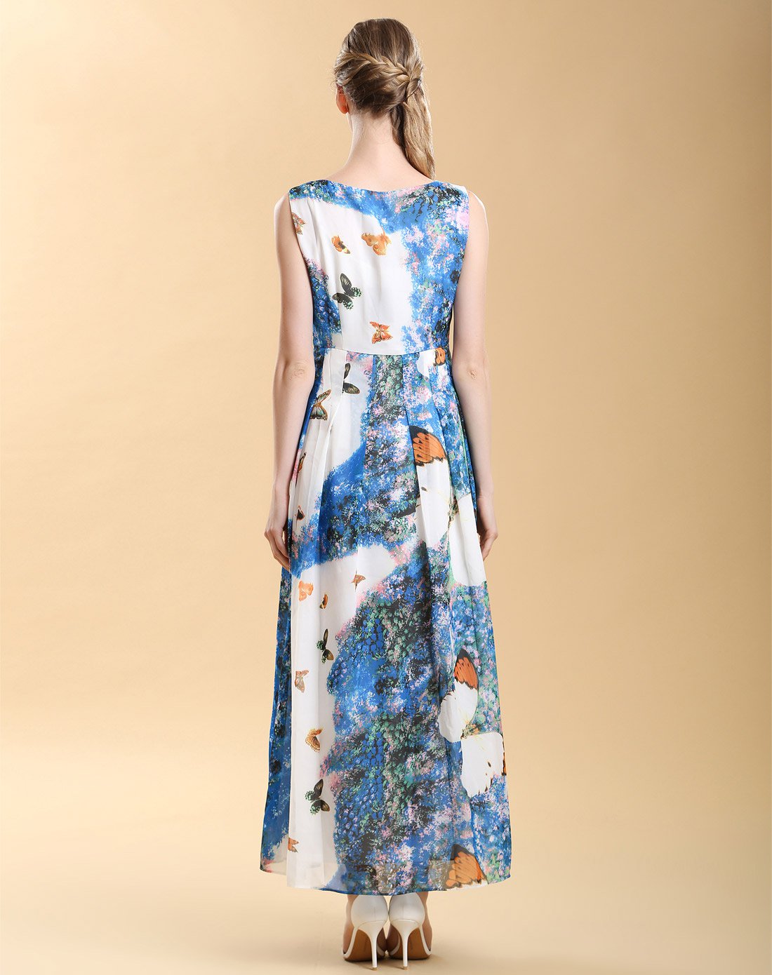 蓝/多色气质修身印花连衣长裙