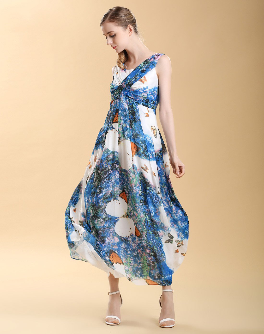 蓝/多色气质修身印花连衣长裙