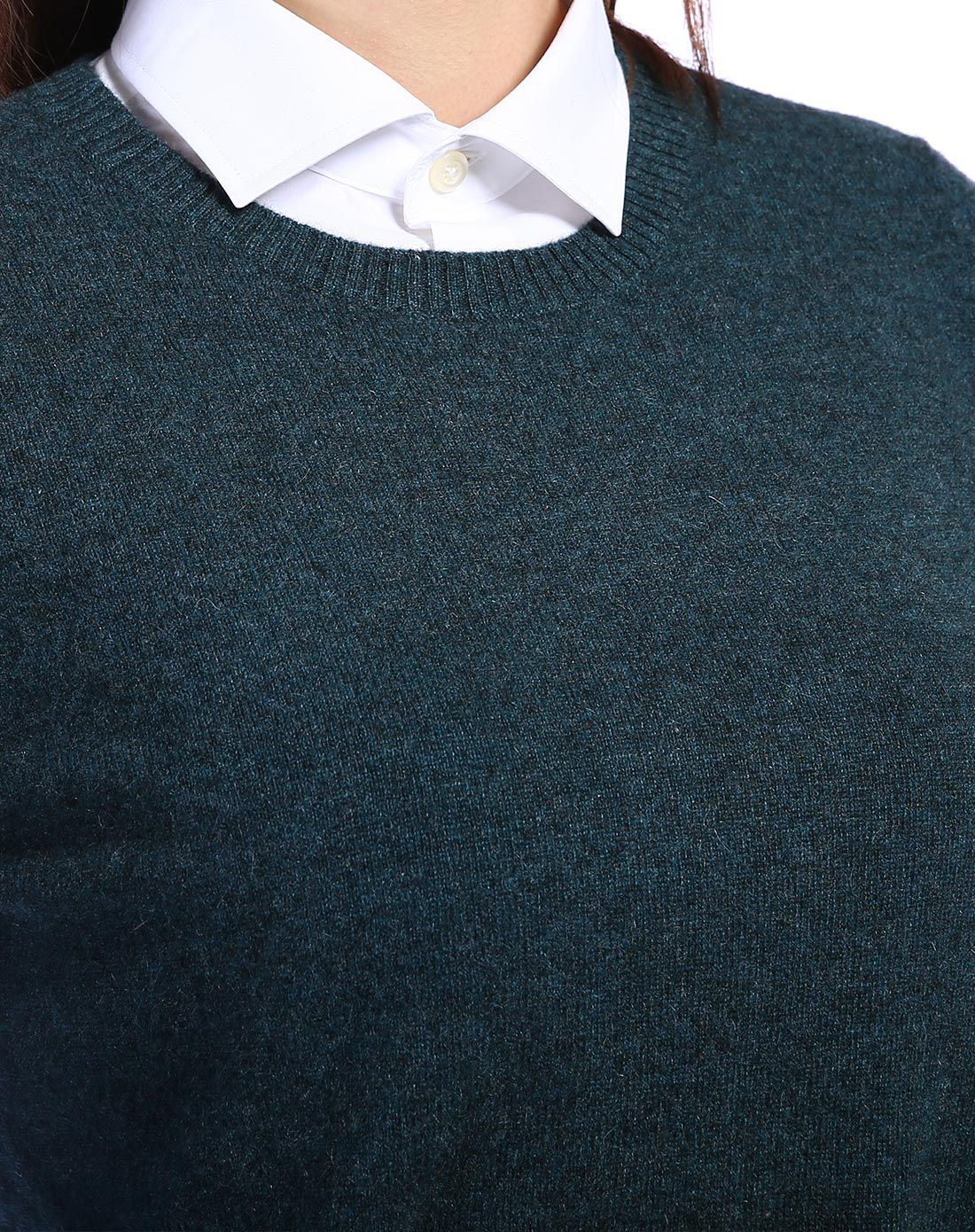 女款深暗青绿色柔软圆领长袖山羊绒衫