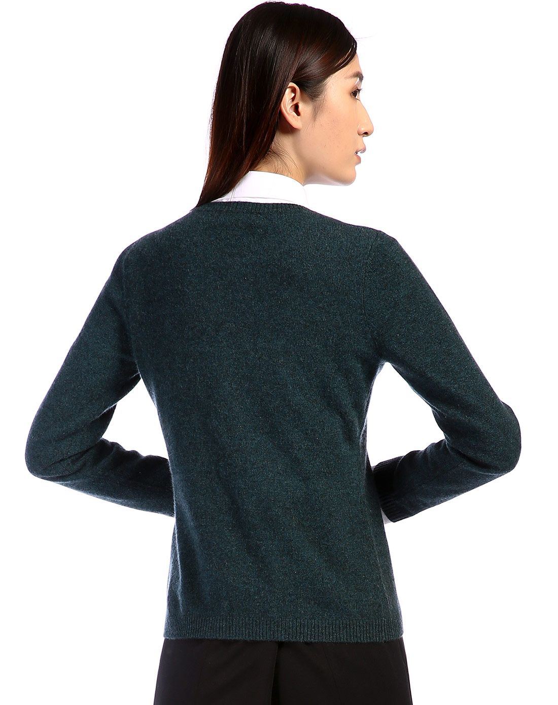 女款深暗青绿色柔软圆领长袖山羊绒衫