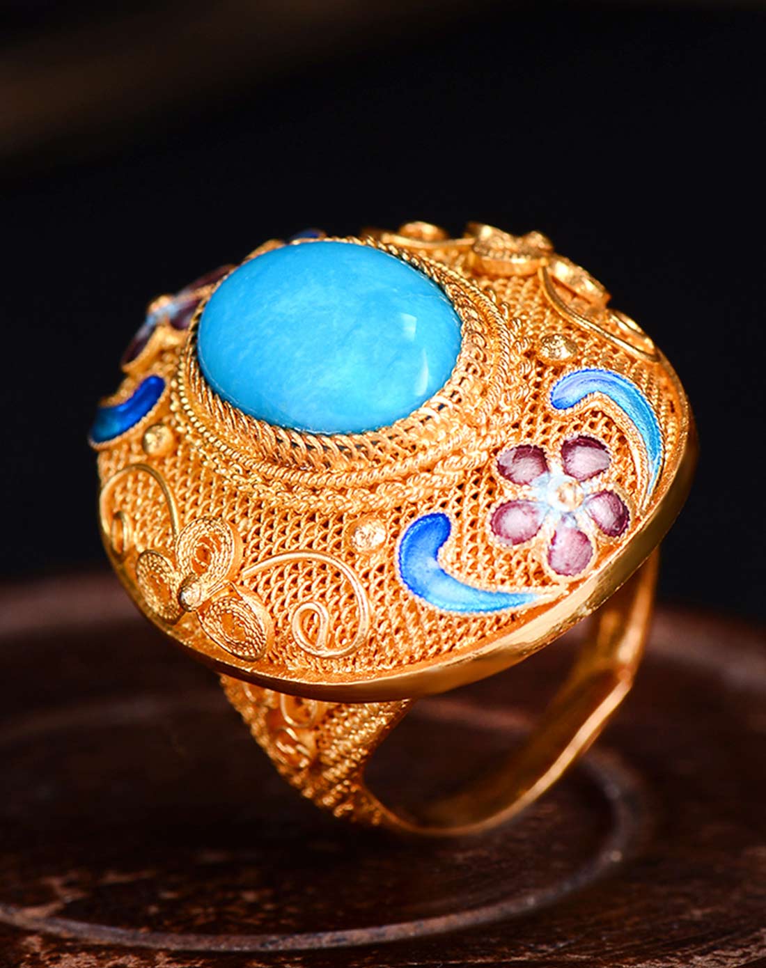 非物质遗产传承手艺 银掐丝珐琅韶华美松石花丝开口戒指 送证书