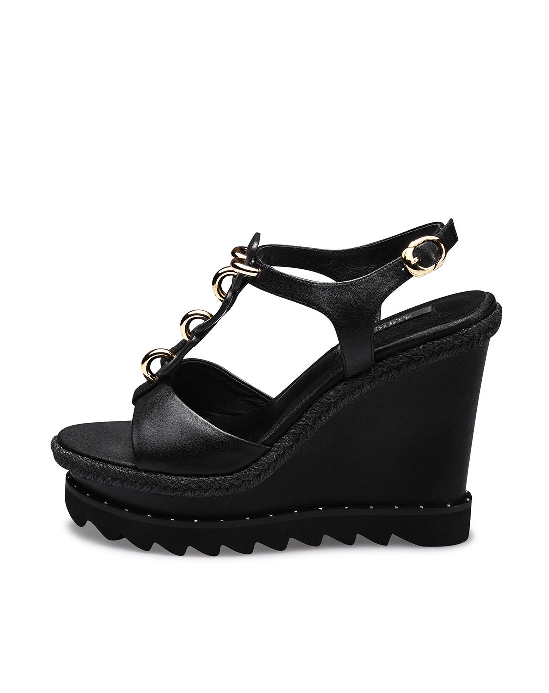 2016夏季新款 黑色牛皮坡跟皮带扣装饰丁字扣带露趾凉鞋