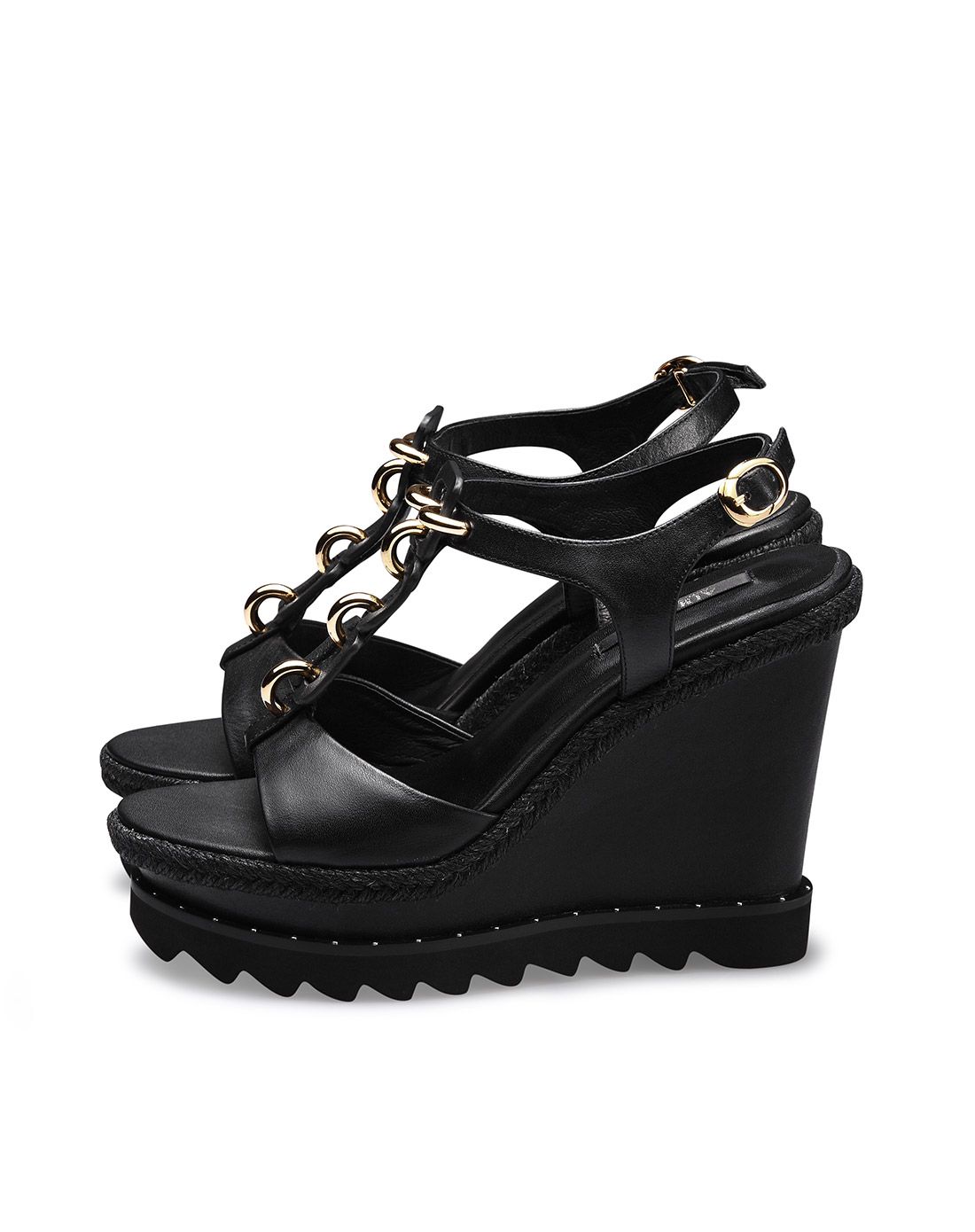 2016夏季新款 黑色牛皮坡跟皮带扣装饰丁字扣带露趾凉鞋