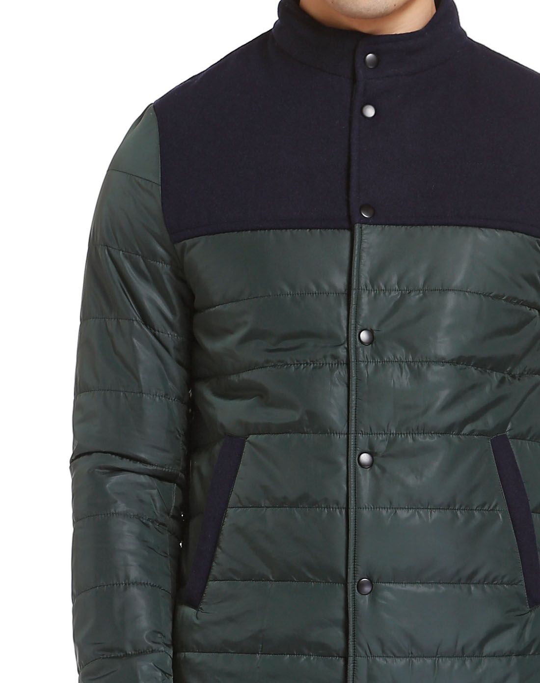 蓝/墨绿色简约拼接长袖棉服